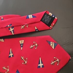 Nautical Red Tie with Anchor and Flag Design By VALENTE. Made In USA 100% Cotton